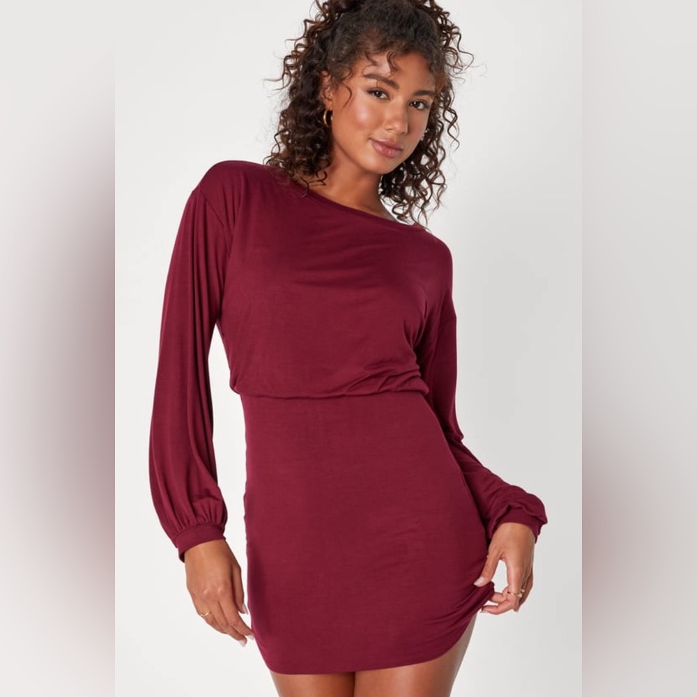 Lulus Casual Charmer Burgundy Long Sleeve Bodycon Mini Dress